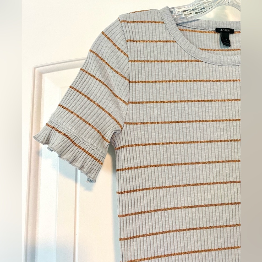 EUC JCrew XS Aqua Bronze Metallic Stripe Ribbed Top Blouse Tee Ruffle H3586
